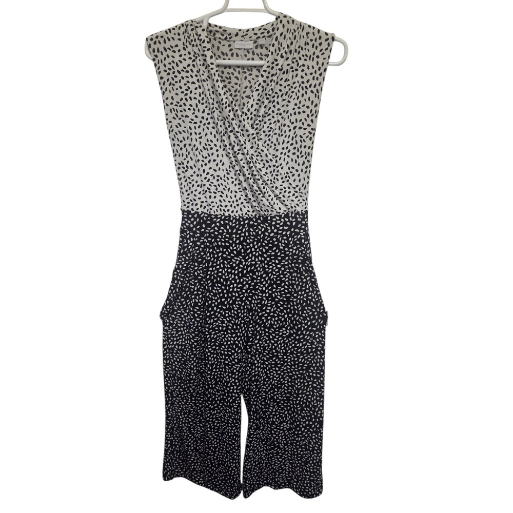 Vintage 90s New York & Company Black White Spotted Surplice Wide Jumpsuit XL